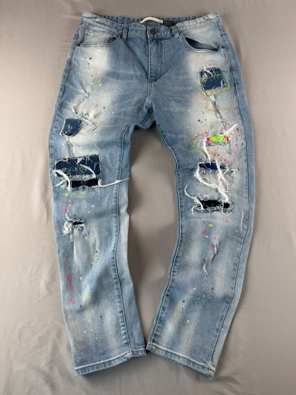 Kloud 9 Jeans Men 38x32 Blue Denim Neon Destroyed Stretch Paint Splatter Party
